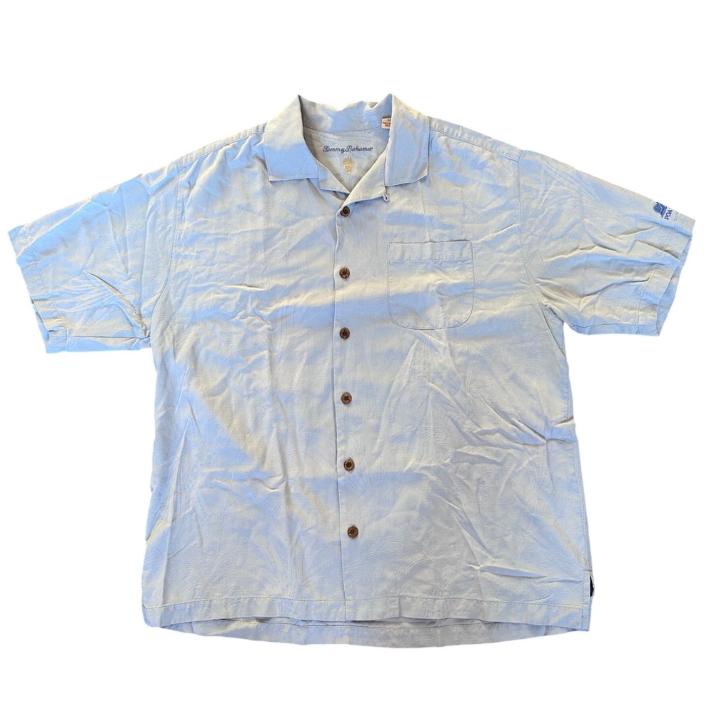 Tommy Bahama Button Up Shirt Mens Light Blue Silk PGA West Tropical Large
